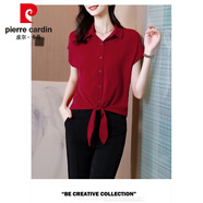 皮爾卡丹（pierre cardin）翻領(lǐng)開(kāi)衫清爽短袖雪紡襯衫女夏裝新款感襯衣氣質(zhì)洋氣黑色上衣 紅色 M 建議85-105斤