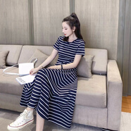 短袖純棉連衣裙女夏條紋圓領(lǐng)休閑收腰顯瘦A字大擺超長(cháng)裙 藍白條紋 3XL 【建議150-160斤】