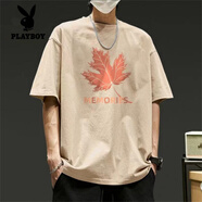 花花公子（PLAYBOY）純棉短袖t恤男ins潮牌日系港風(fēng)復(fù)古高街重磅夏裝寬松潮流帥氣美式 卡其色短袖T恤(楓葉) XL(適合130-150斤)