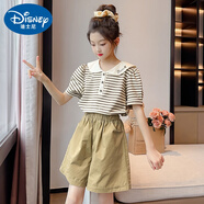 迪士尼（Disney）女童短褲套裝2025新款中大童洋氣女孩兒童夏裝時(shí)尚短袖休閑兩件套 TZ142-卡其色 150cm