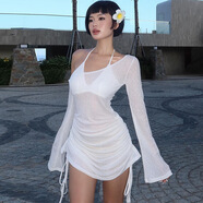 歐美女裝2024春夏新款性時(shí)尚性感鏤空透視斜領(lǐng)海邊沙灘包臀連衣裙 白色 S