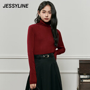 Jessy line杰茜萊純色百搭高領(lǐng)套頭針織衫女秋冬新款打底毛衣 商場(chǎng)同款 紅色 均碼