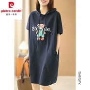 皮爾卡丹200斤胖m妹連帽純棉連衣裙女短袖夏季寬松大d碼T恤裙小熊休閑衛(wèi)衣 深藍(lán)色 XL 120-140斤