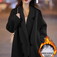 恒源祥雙面呢羊毛大衣女時(shí)尚韓版中長(cháng)款奶系軟糯繭型100%羊毛呢外套 黑色 羽絨內膽 S 100-118斤