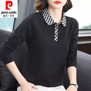 皮爾卡丹（pierre cardin）26年新款純棉長(cháng)袖T恤女春秋新款大尺碼老媽裝POLO領(lǐng)外穿T恤上衣 接拼-黑色 4XL 建議150-165斤