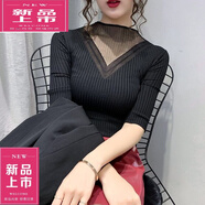皮爾卡丹（pierre cardin）針織打底衫半高領(lǐng)網(wǎng)紗鏤空毛衣秋冬新款洋氣蕾絲拼接內(nèi)搭衫女 黑色(中/袖) M