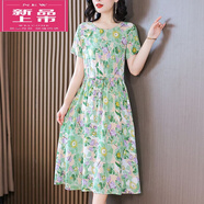 皮爾卡丹（pierre cardin）棉綢連衣裙女夏季新款收腰顯瘦大尺碼中年媽m媽過(guò)膝氣質(zhì)碎花外穿 1821-15號(hào)色# 3XL (建議體重120-135斤)