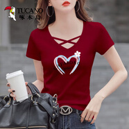 啄木鳥(niǎo)95棉v領(lǐng)短袖t恤女2026新款夏裝大碼鏤空半袖印花體恤修身時(shí)尚上衣 6003#【疊層愛(ài)心】酒紅色 S 【85-100斤】