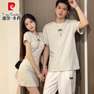 皮爾卡丹（pierre cardin）不一樣的情侶裝夏裝短袖t恤2025新款潮牌disoo高端感套裝一衣一裙 男燕麥色T恤+女燕麥色裙子 XL 男+女M