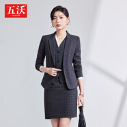 五沃格子職業(yè)裝女裝套裝小西裝外套女秋冬修身工裝面試ol氣質(zhì)正裝西服 黑格西裝+短裙 XL