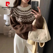 皮爾卡丹風(fēng)費(fèi)爾島軟糯復(fù)古慵懶套頭毛衣女2024秋冬新款寬松圓領(lǐng)提花針織衫 駝 均碼