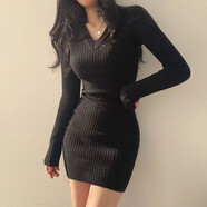 梵闋針織連衣裙女韓版chic秋冬復古配大衣修身顯瘦打底內搭毛衣包臀裙 黑色 均碼-85-130斤