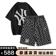 MR-90官方潮牌短袖套裝男女夏季休閑寬松純棉重磅T恤短褲一套兩件套潮 黑色短袖+黑色短褲（NE02） 3XL（建議190-210斤）