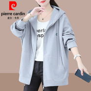 皮爾卡丹（pierre cardin）2025連帽衛(wèi)衣女士短外套春秋新款寬松中長(zhǎng)款大l碼上衣開衫爆 淺灰色 (春秋款) 12XL 3XL(建議145斤-160斤)
