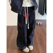 風(fēng)采兔美式復(fù)古多口袋系帶牛仔休閑褲男女oversize設(shè)計(jì)感百搭顯瘦直筒褲 黑灰色【搭配白繩】 L