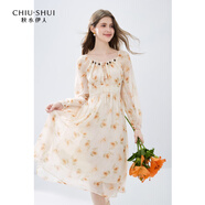 秋水伊人唯美仙氣碎花雪紡連衣裙年秋季女高腰顯瘦中長(cháng)裙 花料 XL