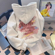 燦圖美式涂鴉加絨加厚衛衣女裝秋冬季潮流慵懶風(fēng)寬松顯瘦連帽外套上衣 白灰色【常規款】 L 【建議100-120斤】