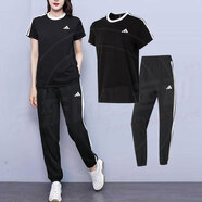 阿迪達斯 （adidas）女裝運動套裝25春上新三條紋圓領(lǐng)短袖T恤收口長褲運動褲 兩件套 JY7612+JI8313 2XL/175
