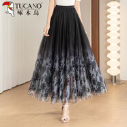 啄木鳥(niǎo)印花網(wǎng)紗半身裙2025新款春夏季中長(cháng)款裙高腰網(wǎng)紗大擺裙女士舞蹈裙 水墨色 均碼 裙長(cháng)80厘米 身高140-159穿