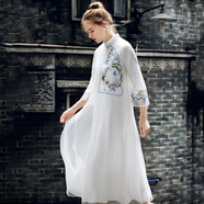 裂帛LIEBO/裂帛新中式國風(fēng)連衣裙古風(fēng)刺繡民族風(fēng)初戀小白裙夏51EO0129 月影白 L