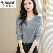 啄木鳥(niǎo)（TUCANO）春秋季2025新款長(cháng)袖薄款針織衫女V領(lǐng)洋氣寬松內搭打底衫毛衣上衣 灰色【商場(chǎng)品質(zhì)】 L 建議110-120斤