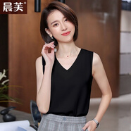 晨芙白色雪紡T恤小吊帶背心女打底衫馬甲外穿V領無袖緞面大尺碼小背心夏坎肩職業(yè)裝內(nèi)搭網(wǎng)紅款上衣遮肚子 黑色V領背心 M碼（建議90-100斤）