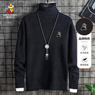 稻草人（MEXICAN）高領(lǐng)毛衣男秋冬刺繡針織衫男士打底衫純色外套 黑色繡標(biāo) 2XL
