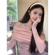 CTOX溫柔鎖骨一字肩粉色針織衫女裝秋裝毛衣打底衫黑色一字領(lǐng)露肩上衣 粉色 M