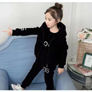 Helichong八到十歲兒童衣服三件套裝加絨冬季女童連帽衛衣中大童保暖套頭衫 黑色 110 建議身高1-1.05米