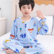 兒童棉綢睡衣套裝夏季女童長(cháng)袖中大童孩薄款家居服綿綢空調服童裝 雙長(cháng)面包車(chē) 65碼數建議穿90cm