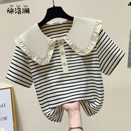施洛瀾2025夏季新款娃娃領(lǐng)條紋短袖t恤女裝顯瘦減齡上衣棉體恤短款薄款 杏色 L 建議105-115斤