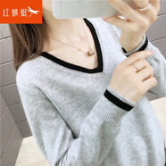 紅蜻蜓 針織衫女2025年春季新款女裝打底毛衣女套頭長(cháng)袖V領(lǐng)線(xiàn)衣內搭上衣 灰色 均碼 （適合80-130斤）