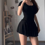 鄂爾都市牧王純欲黑色u領(lǐng)短袖連衣裙女夏季清純系掐腰裙修身顯瘦a字辣妹短裙子 性感黑/送打底褲 【純欲套裝】 XS 【70-80斤】