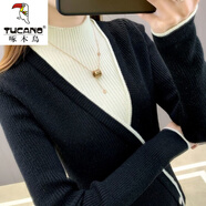 啄木鳥羊毛衫女加絨加厚半高領(lǐng)2025秋冬新款假兩件毛衣拼接撞色打底衫 黑色【不加/絨】 M 建議95-105斤
