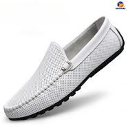 MGRRXINU男鞋夏季新款單層皮鞋男透氣薄款軟底軟面套腳帶孔網(wǎng)眼鏤空豆豆鞋 白色 42