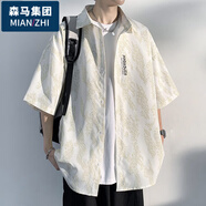 棉致美式休閑短袖襯衫男夏季薄潮牌潮流寬松半袖衣服日系男士襯衣外套 白色 3XL
