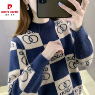 皮爾卡丹（pierre cardin）針織衫女加絨加厚毛衣短款小個子秋冬季新款寬松套頭洋氣內搭針織 藏青色【不加/絨】 M 建議95-110斤