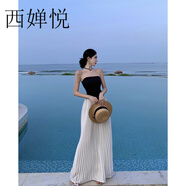 西嬋悅輕奢拼接抹胸連衣裙氛圍感穿搭海邊海島度假長裙子三亞沙灘裙夏季 黑白拼接 M