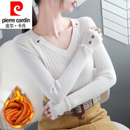 皮爾卡丹（pierre cardin）23年新款加絨V領毛衣女秋冬韓版長袖紐扣木耳邊針織打底衫內(nèi)搭上 白色(款) 加絨 M