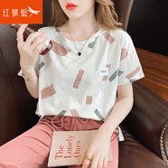 紅蜻蜓（RED DRAGONFLY） 純棉短袖t恤女白色半袖體恤女2025春夏裝新款韓版寬松女士上衣潮 粉色方塊 L