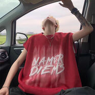 POUM速干透氣夏季運動(dòng)背心男士寬松歐美痞帥潮流大碼坎肩印花無(wú)袖t恤 XWP-E268酒紅色 XL