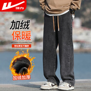 回力牛仔褲男冬季加絨復古直筒褲寬松休閑褲子男美式闊腿長(cháng)褲黑灰XL