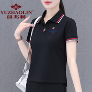 俞兆林 媽媽裝好棉短袖女夏季薄款2024新款中年休閑polo領(lǐng)上衣翻領(lǐng)體恤 黑色 M (建議80-95斤)