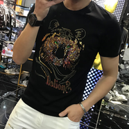 RTGT潮牌夏季新款潮流男刺繡亮片虎頭燙鉆T恤白色上衣修身大碼短袖 黑色-燙鉆刺繡虎 L
