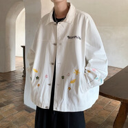型楠宇胖子大碼拼色刺繡外套男春秋季新款潮牌男生寬松休閑翻領(lǐng)夾克 J839白色 常規(guī) M 建議90-110斤