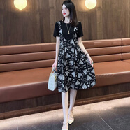 黛芙熙拼接假兩件連衣裙新款夏季時(shí)尚短袖寬松遮肚子上衣印花A字裙 【愛(ài)心】 M 建議80-100斤