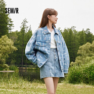 森馬森柔牛仔森馬牛仔外套女滿(mǎn)印春秋寬松夾克潮流 牛仔淺藍88101 165/88A/L