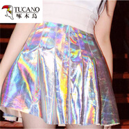 啄木鳥(niǎo)熒光金屬銀色閃亮迷幻鐳射高腰AA半身裙蓬蓬傘裙 百褶裙《炫目銀》 XS 1尺825