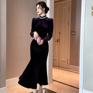 晚禮服2025春裝新款女法式氣質(zhì)立領(lǐng)收腰垂感絲絨魚(yú)尾連衣裙 紫色 2XL