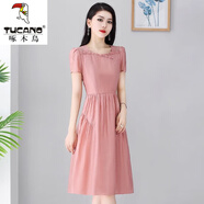 啄木鳥(niǎo)雪紡冰絲連衣裙女2025年夏季新款洋氣質(zhì)收腰高端中長(cháng)款矮個(gè)子媽m 粉紅色 2XL 建議125-135斤
